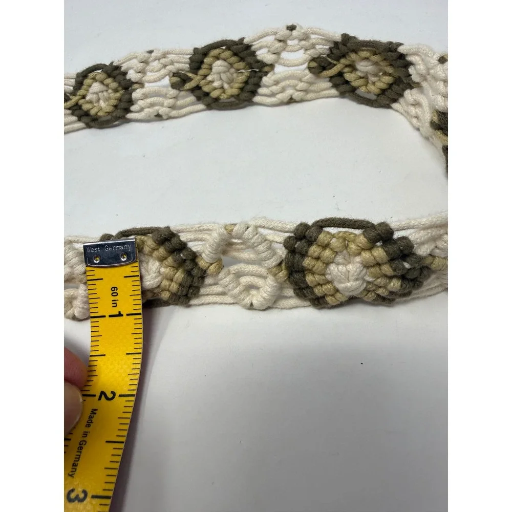 Vintage Boho Macrame Woven Floral Belt Cream Tan Olive Green Tassel Fringe 51in